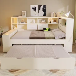Canapé-lit 90x190 cm avec lit gigogne - USB/Type-C - rangement - bois massif + panneaux - blanc (sans matelas)