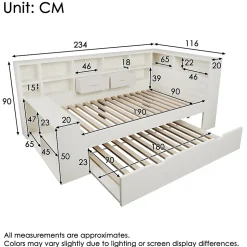 Canapé-lit 90x190 cm avec lit gigogne - USB/Type-C - rangement - bois massif + panneaux - blanc (sans matelas)