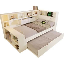 Canapé-lit 90x190 cm avec lit gigogne - USB/Type-C - rangement - bois massif + panneaux - blanc (sans matelas)