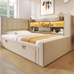 Canapé-lit 90x200 cm avec lit gigogne - LED + rangement - USB - tissu lin - beige (sans matelas)