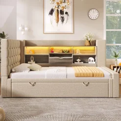 Canapé-lit 90x200 cm avec lit gigogne - LED + rangement - USB - tissu lin - beige (sans matelas)
