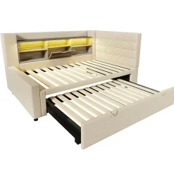 Canapé-lit 90x200 cm avec lit gigogne - LED + rangement - USB - tissu lin - beige (sans matelas)