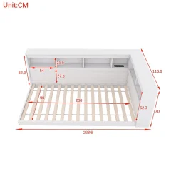 Canapé-lit 90x200 cm avec prises et 2 USB, rangements latéraux, structure panneaux de particules et MDF, blanc