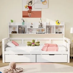 Canapé-lit 90x200 cm avec tiroirs et étagères sommier bois massif blanc