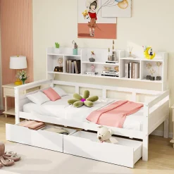 Canapé-lit 90x200 cm avec tiroirs et étagères sommier bois massif blanc