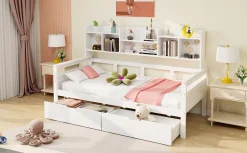 Canapé-lit 90x200 cm avec tiroirs et étagères sommier bois massif blanc