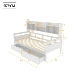 Canapé-lit 90x200 cm avec tiroirs et étagères sommier bois massif blanc