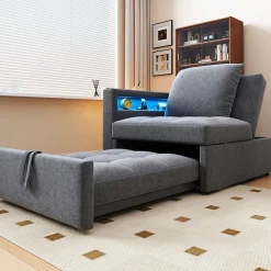 Canapé-lit 140x190 cm convertible clic-clac avec coffre, tissu gris, design contemporain