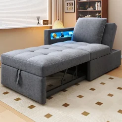 Canapé-lit 140x190 cm convertible clic-clac avec coffre, tissu gris, design contemporain