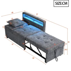 Canapé-lit 140x190 cm convertible clic-clac avec coffre, tissu gris, design contemporain