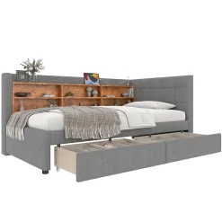 Canapé-lit 140x190 cm convertible clic-clac en tissu gris avec coffre discret, structure métal, contemporain