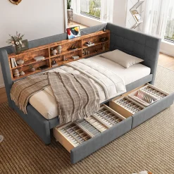 Canapé-lit 140x190 cm convertible clic-clac en tissu gris avec coffre discret, structure métal, contemporain