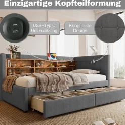 Canapé-lit 140x190 cm convertible clic-clac en tissu gris avec coffre discret, structure métal, contemporain