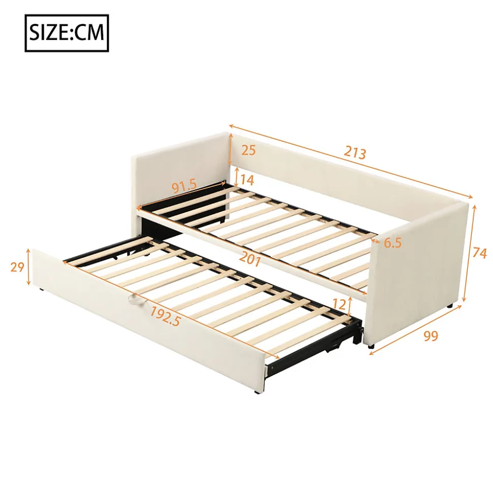 Canapé-lit 90x200 cm convertible en 180x200 cm avec sommier à lattes, tissu velours beige