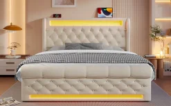 Canapé-lit 160x200 cm convertible avec rangement hydraulique, éclairage LED intégré et station USB/Type-C en velours beige