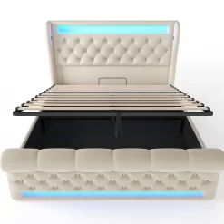 Canapé-lit 160x200 cm convertible avec rangement hydraulique, éclairage LED intégré et station USB/Type-C en velours beige