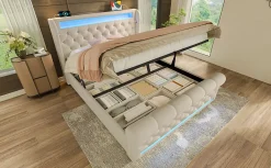 Canapé-lit 160x200 cm convertible avec rangement hydraulique, éclairage LED intégré et station USB/Type-C en velours beige