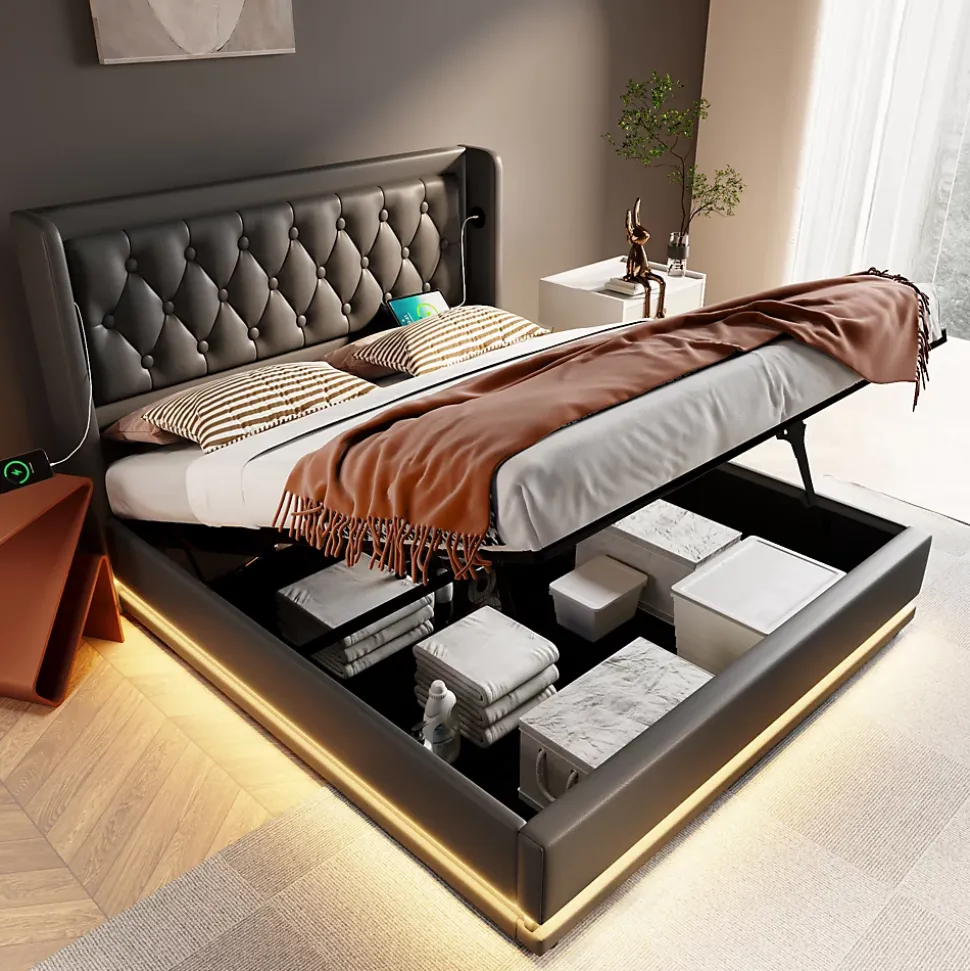 Canapé-lit 140x200 cm convertible coffre hydraulique, LED 3 côtés, tête de lit USB-C, simili cuir noir