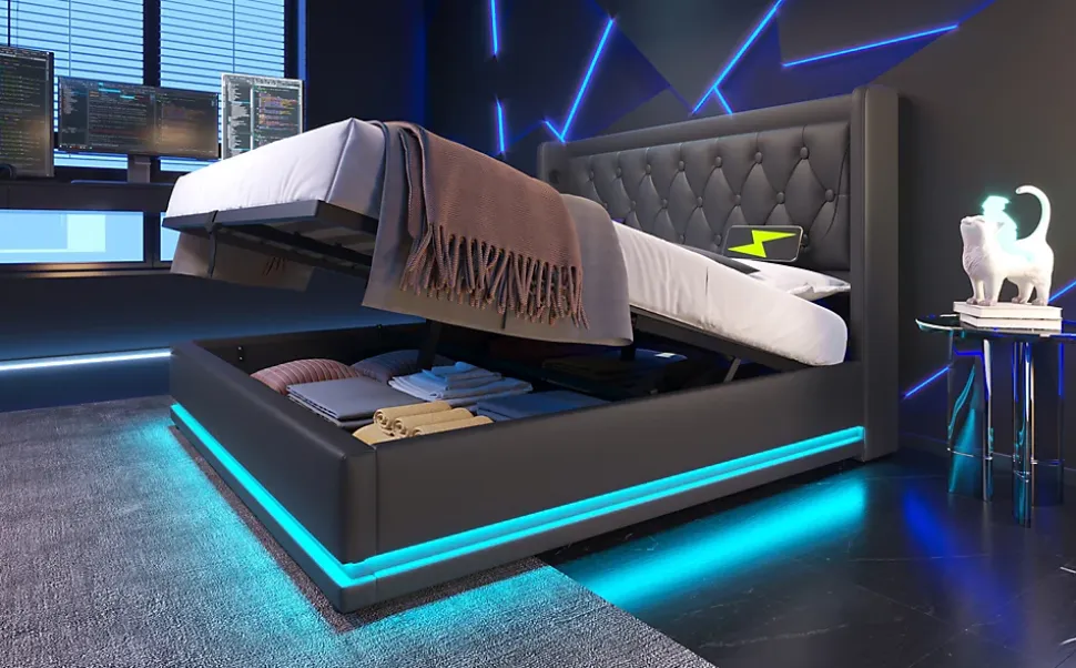 Canapé-lit 140x200 cm convertible coffre hydraulique, LED 3 côtés, tête de lit USB-C, simili cuir noir