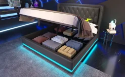 Canapé-lit 140x200 cm convertible coffre hydraulique, LED 3 côtés, tête de lit USB-C, simili cuir noir