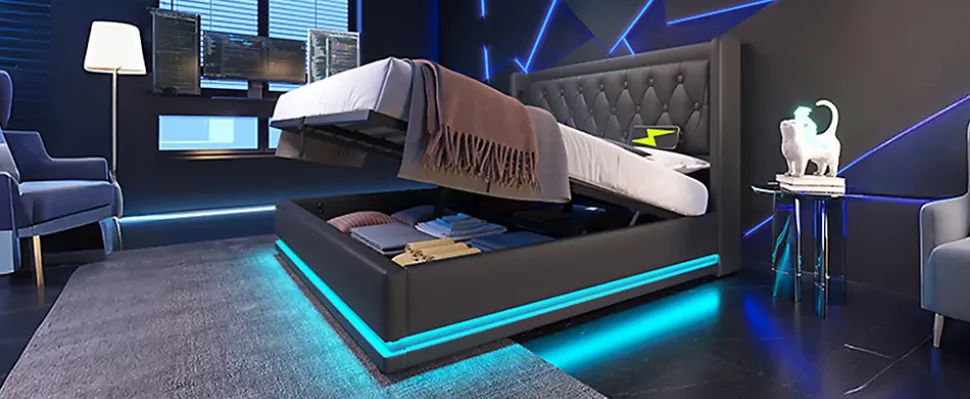 Canapé-lit 140x200 cm convertible coffre hydraulique, LED 3 côtés, tête de lit USB-C, simili cuir noir