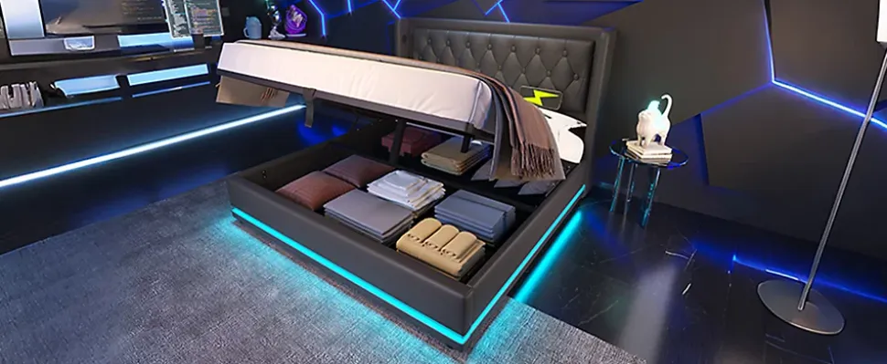 Canapé-lit 140x200 cm convertible coffre hydraulique, LED 3 côtés, tête de lit USB-C, simili cuir noir