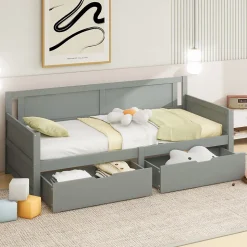 Canapé-lit 90x200 cm en bois massif avec deux étagères structure solide gris