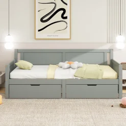 Canapé-lit 90x200 cm en bois massif avec deux étagères structure solide gris