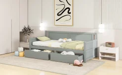 Canapé-lit 90x200 cm en bois massif avec deux étagères structure solide gris