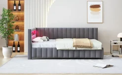 Canapé-lit 140x200 cm en L convertible, revêtement velours gris, bande LED changeante et port USB, cadre lattenrost robuste