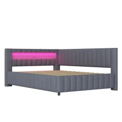 Canapé-lit 140x200 cm en L convertible, revêtement velours gris, bande LED changeante et port USB, cadre lattenrost robuste