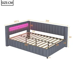 Canapé-lit 140x200 cm en L convertible, revêtement velours gris, bande LED changeante et port USB, cadre lattenrost robuste