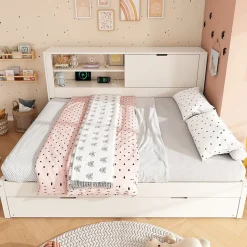 Canapé-lit 140x190cm - lit gigogne - USB et Type-C - rangements - blanc (matelas non inclus)