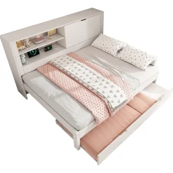 Canapé-lit 140x190cm - lit gigogne - USB et Type-C - rangements - blanc (matelas non inclus)
