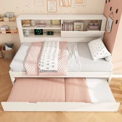 Canapé-lit 90x190cm - lit gigogne - USB et Type-C - rangements - blanc (matelas non inclus)