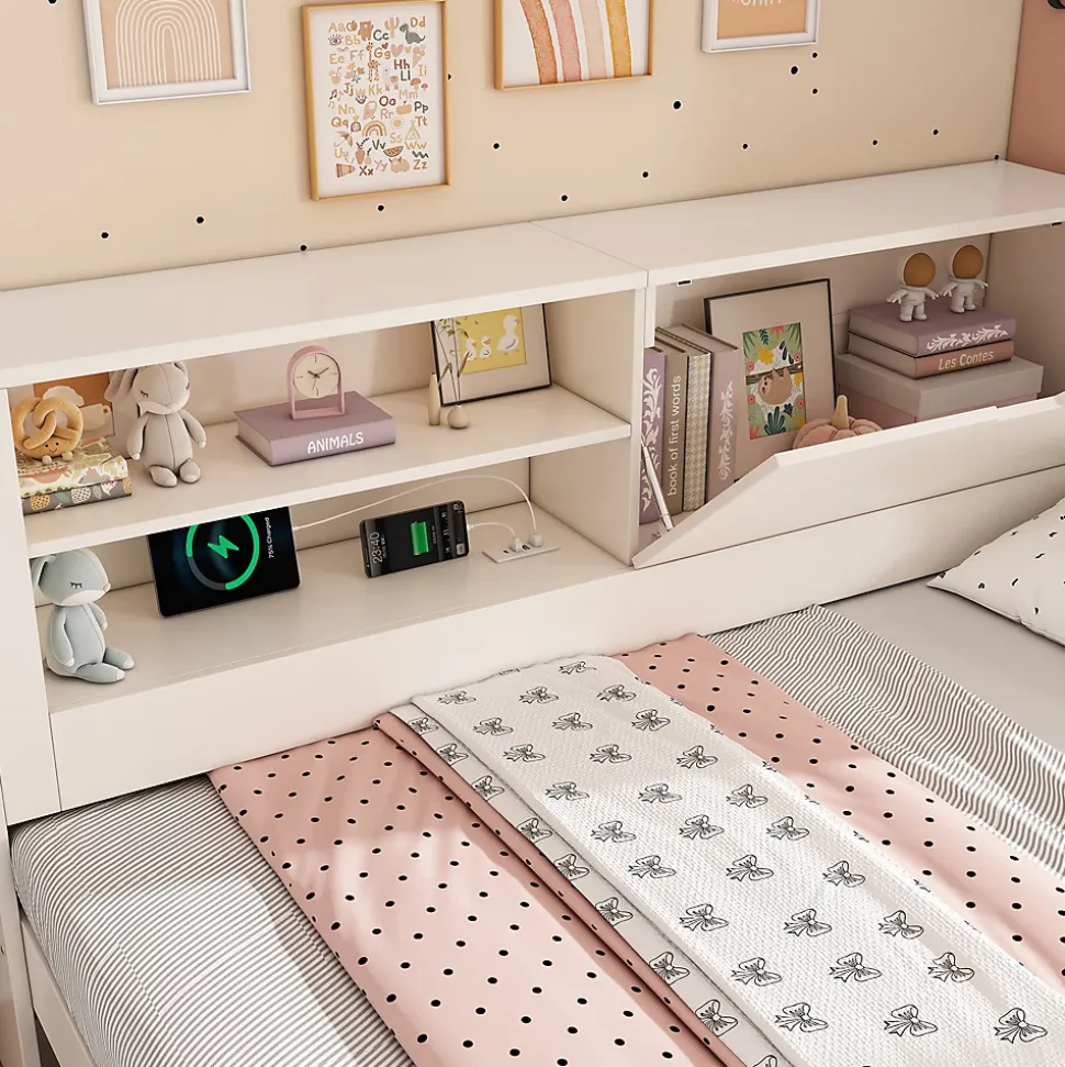 Canapé-lit 90x190cm - lit gigogne - USB et Type-C - rangements - blanc (matelas non inclus)