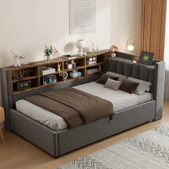 Canapé-lit 90x200cm, rangement hydraulique, USB/Type-C, velours gris foncé