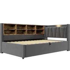 Canapé-lit 90x200cm, rangement hydraulique, USB/Type-C, velours gris foncé