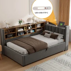 Canapé-lit 90x200cm, rangement hydraulique, USB/Type-C, velours gris foncé