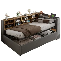 Canapé-lit 90x200cm, rangement hydraulique, USB/Type-C, velours gris foncé