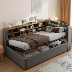 Canapé-lit 90x200cm, rangement hydraulique, USB/Type-C, velours gris foncé