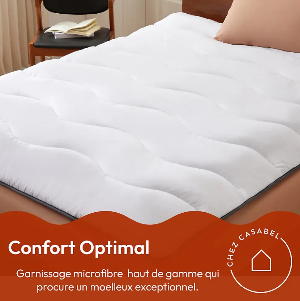 CASABEL Surmatelas 90x190 cm en Microfibre Rerspirante, Ultra Moelleux, Anti-Acariens, Liseré Gris, Idéal Matelas 2 places