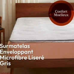 CASABEL Surmatelas 180x200 cm en Microfibre Rerspirante, Ultra Moelleux, Anti-Acariens, Liseré Gris, Idéal Matelas 2 places