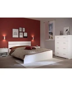 Chambre complete BOSTON : Lit adulte 140x190 + Commode + 1 Chevet - Décor blanc - Fabriqué en France