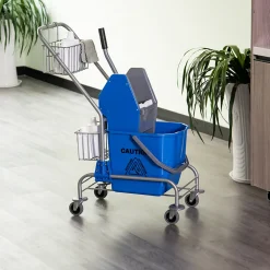 Chariot de lavage chariot de nettoyage professionnel en acier presse à mâchoire seau + rangements bleu