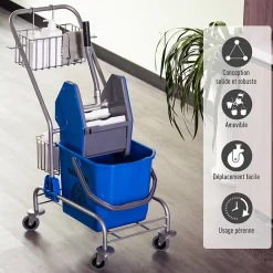 Chariot de lavage chariot de nettoyage professionnel en acier presse à mâchoire seau + rangements bleu