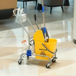 Chariot de lavage chariot de nettoyage professionnel en acier presse à mâchoire seau + rangements jaune