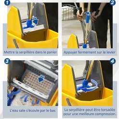 Chariot de lavage chariot de nettoyage professionnel en acier presse à mâchoire seau + rangements jaune