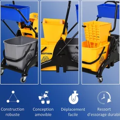 Chariot de lavage chariot de nettoyage professionnel presse à mâchoire 2 seaux + rangement jaune bleu