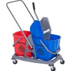 Chariot de lavage chariot de nettoyage professionnel presse à mâchoire 2 seaux 25 L 73L x 45l x 92H cm plastique gris bleu rouge